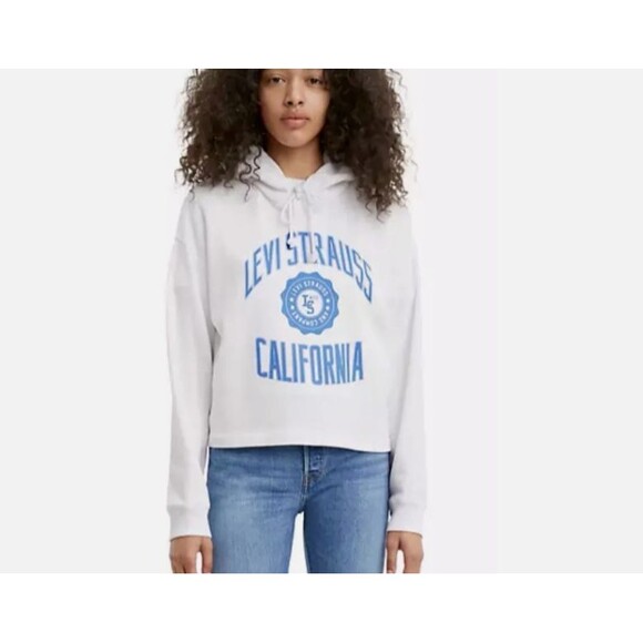 Levis Sam Cropped Crest Logo Hooded Sweatshirt-X Large-Fleece Lined-White-NEW - Picture 1 of 9